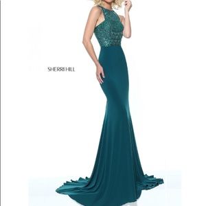 Teal Beaded Sherri Hill Evening Gown.